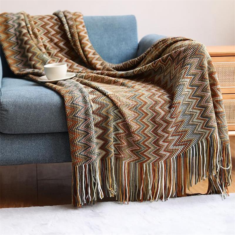 Bohemian Acryl Knitted Striped Blanket Soft Plaid Blanket Sofa Decorative Throw Blankets with Tassel Blankets for Bed Bedspred