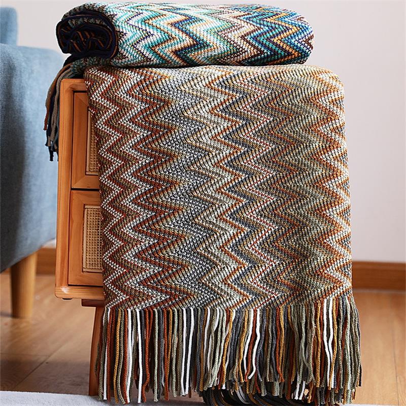 Bohemian Acryl Knitted Striped Blanket Soft Plaid Blanket Sofa Decorative Throw Blankets with Tassel Blankets for Bed Bedspred