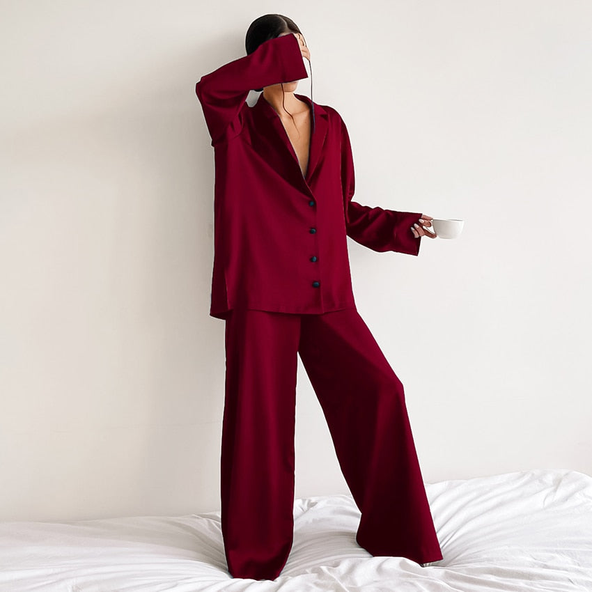 Hiloc Oversized Satin Silk Sleepwear Low Cut Sexy Pajamas Single-Breasted Long Sleeves Wide Leg Suits