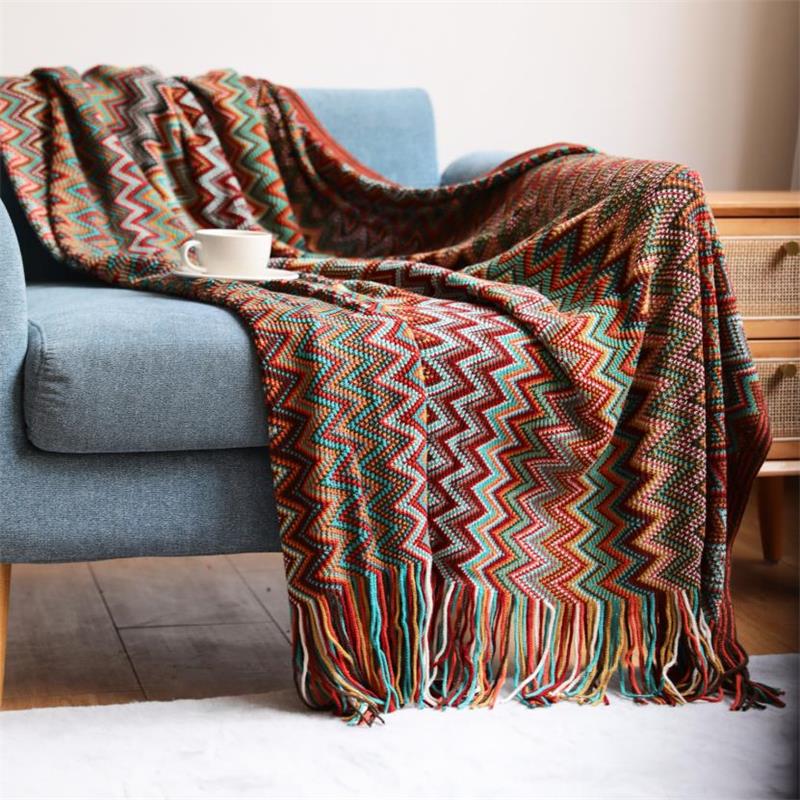 Bohemian Acryl Knitted Striped Blanket Soft Plaid Blanket Sofa Decorative Throw Blankets with Tassel Blankets for Bed Bedspred