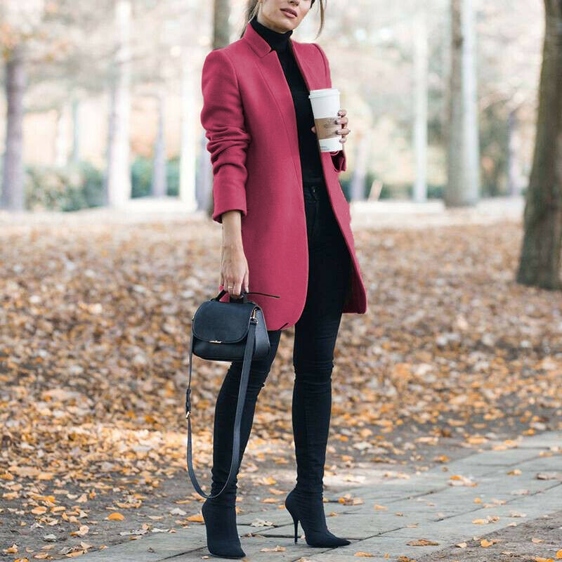 Women Trench Long Coat  Autumn Winter Lapel Long Sleeve Coats Office Ladies Solid Slim Overcoat Outwear Abrigo Mujer