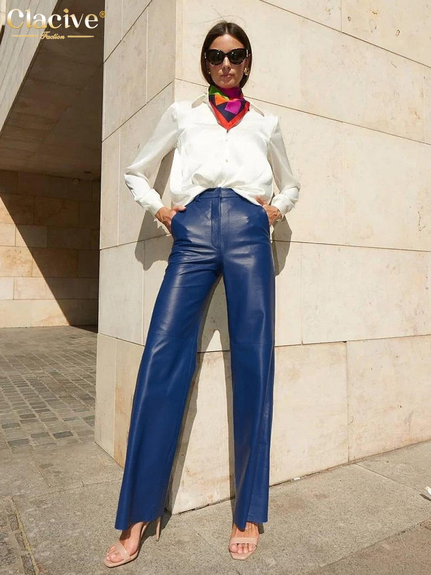 Clacive Fashion Blue Pu Leather Pants Elegant Slim High Waist Straight Trousers Streetwear Pant Clothing