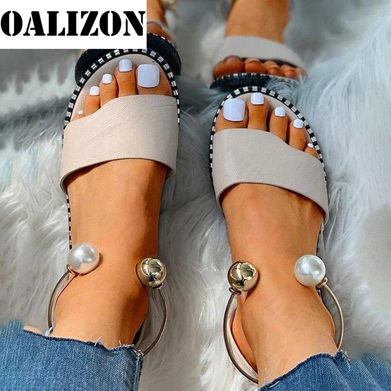 Women Beaded Pearly Sandals Slippers Shoes Ladies Flats Sandals Flip Flop Casual Flat Slingback Sandals Shoes