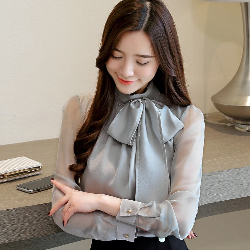 Tunic Women Blouse Shirts Long Sleeve Tie Bow Chiffon Turtleneck Formal White Black Shirts