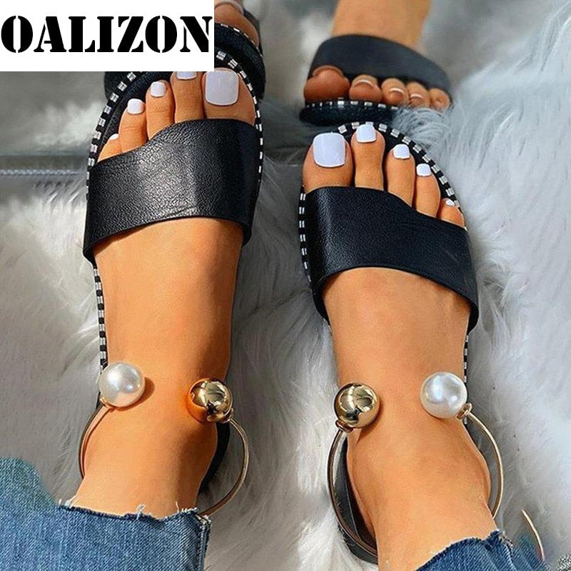 Women Beaded Pearly Sandals Slippers Shoes Ladies Flats Sandals Flip Flop Casual Flat Slingback Sandals Shoes