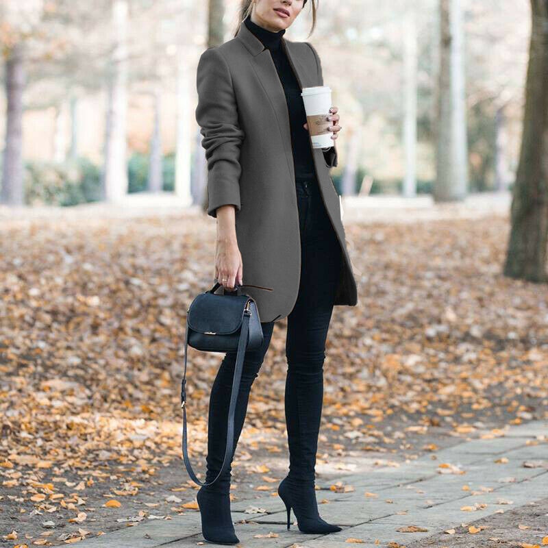 Women Trench Long Coat  Autumn Winter Lapel Long Sleeve Coats Office Ladies Solid Slim Overcoat Outwear Abrigo Mujer