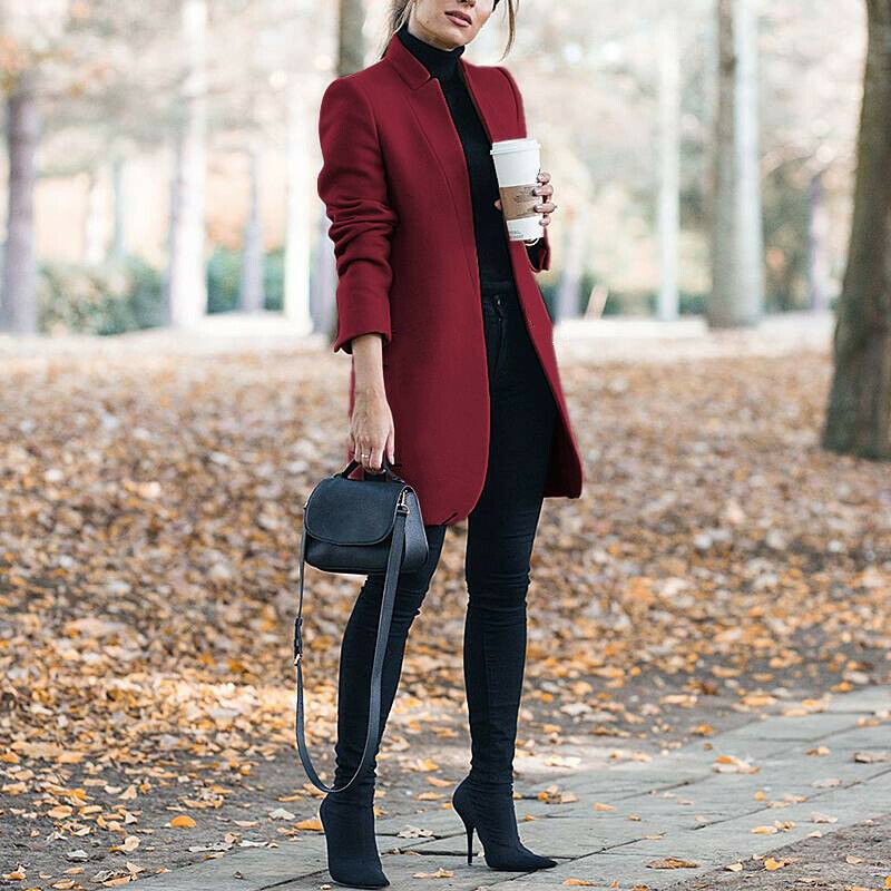 Women Trench Long Coat  Autumn Winter Lapel Long Sleeve Coats Office Ladies Solid Slim Overcoat Outwear Abrigo Mujer