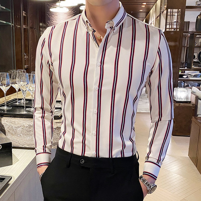 Casual Button Down Shirt, Design Brand Slim Fit,  Long Sleeve Striped Shirts