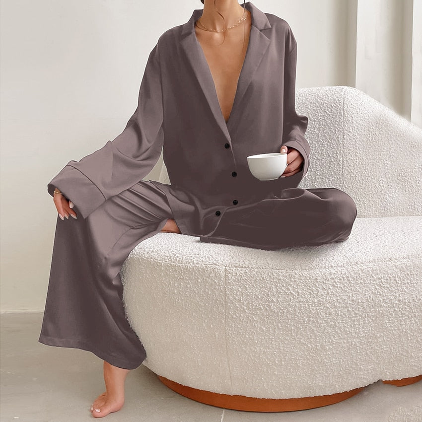 Hiloc Oversized Satin Silk Sleepwear Low Cut Sexy Pajamas Single-Breasted Long Sleeves Wide Leg Suits