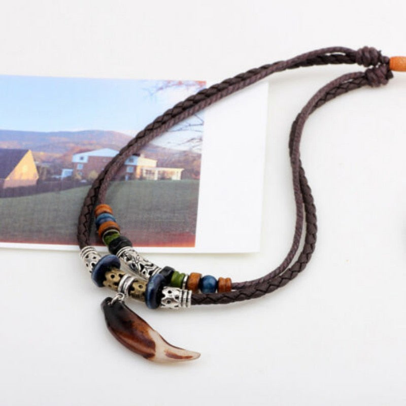 Vintage Wolf Tooth Pendant Leather Beaded Weaved Prayer Necklace Jewelry