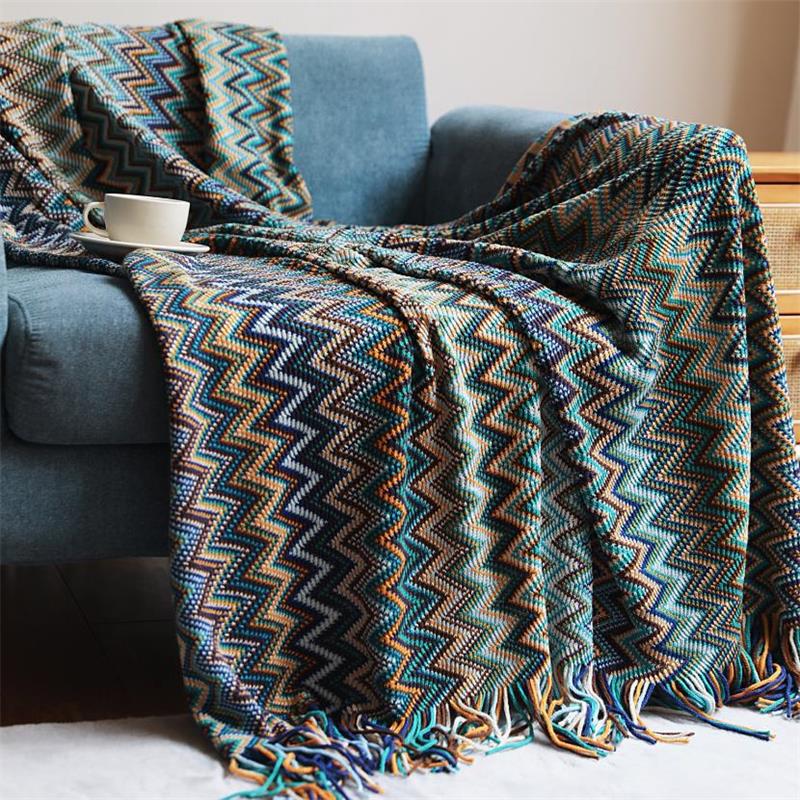 Bohemian Acryl Knitted Striped Blanket Soft Plaid Blanket Sofa Decorative Throw Blankets with Tassel Blankets for Bed Bedspred